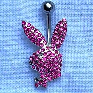 Playboy Bunny Head Design Navel Ring Silver & Pink Rhinestones 14G 316L Vintage